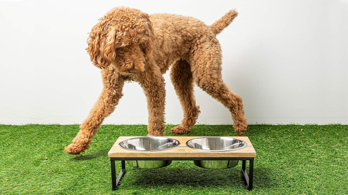 Mango Wood Dog Bowl Stand - Elevated Pet Feeder with 2 Stainless Steel Bowls - Raised Food and Water Dish Set for Dogs and Cats, Available in 4 Sizes, Pet Dining Station, Small/10oz