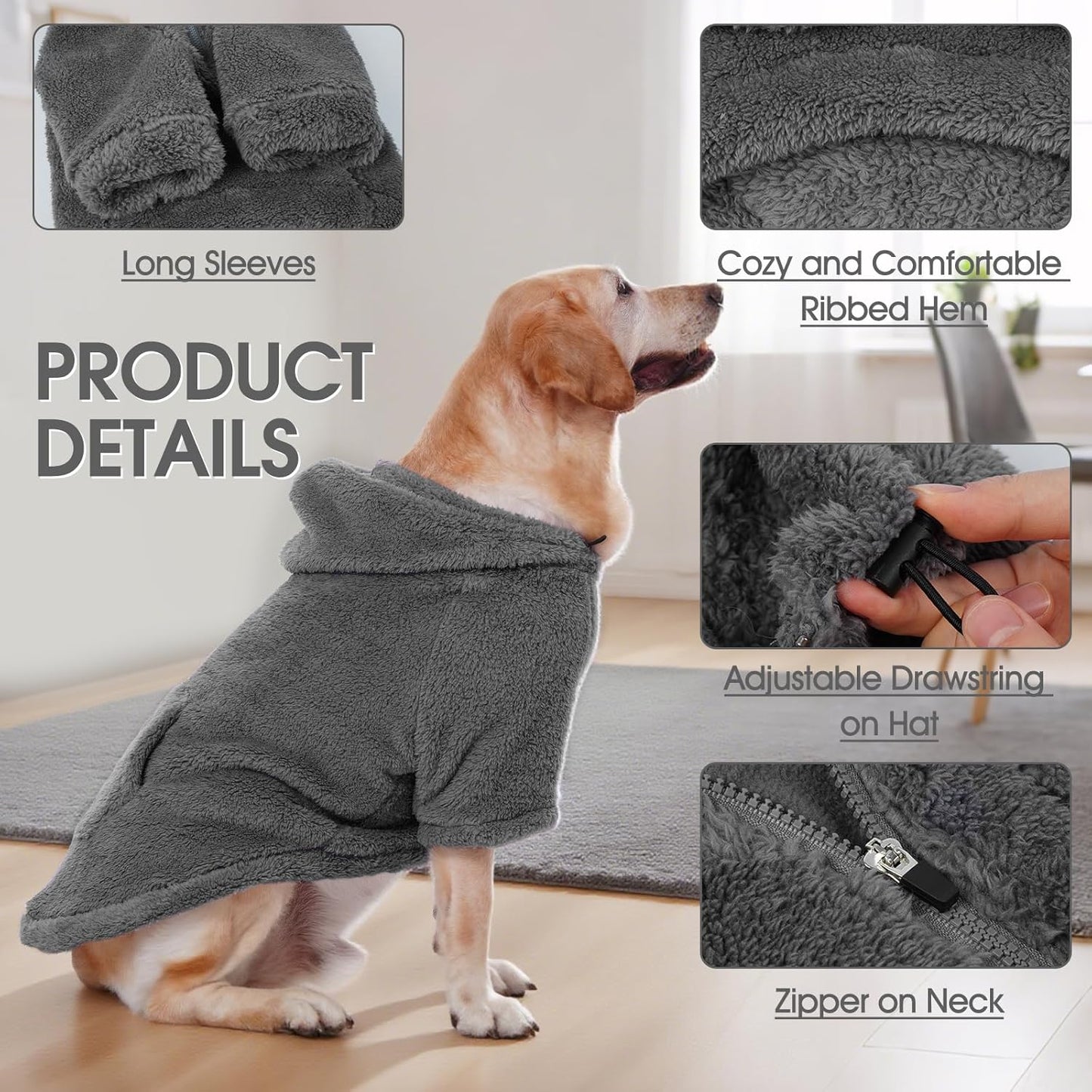 IDOMIK Fuzzy Dog Sweater with Adjustable Hood, Warm Fleece Dog Sweater Hoodie with Harness Hole & Pocket, Pullover Sweaters for Small Dogs, Fuzzy Hooded Sweatshirt for Fall Winter Christmas,Grey,S