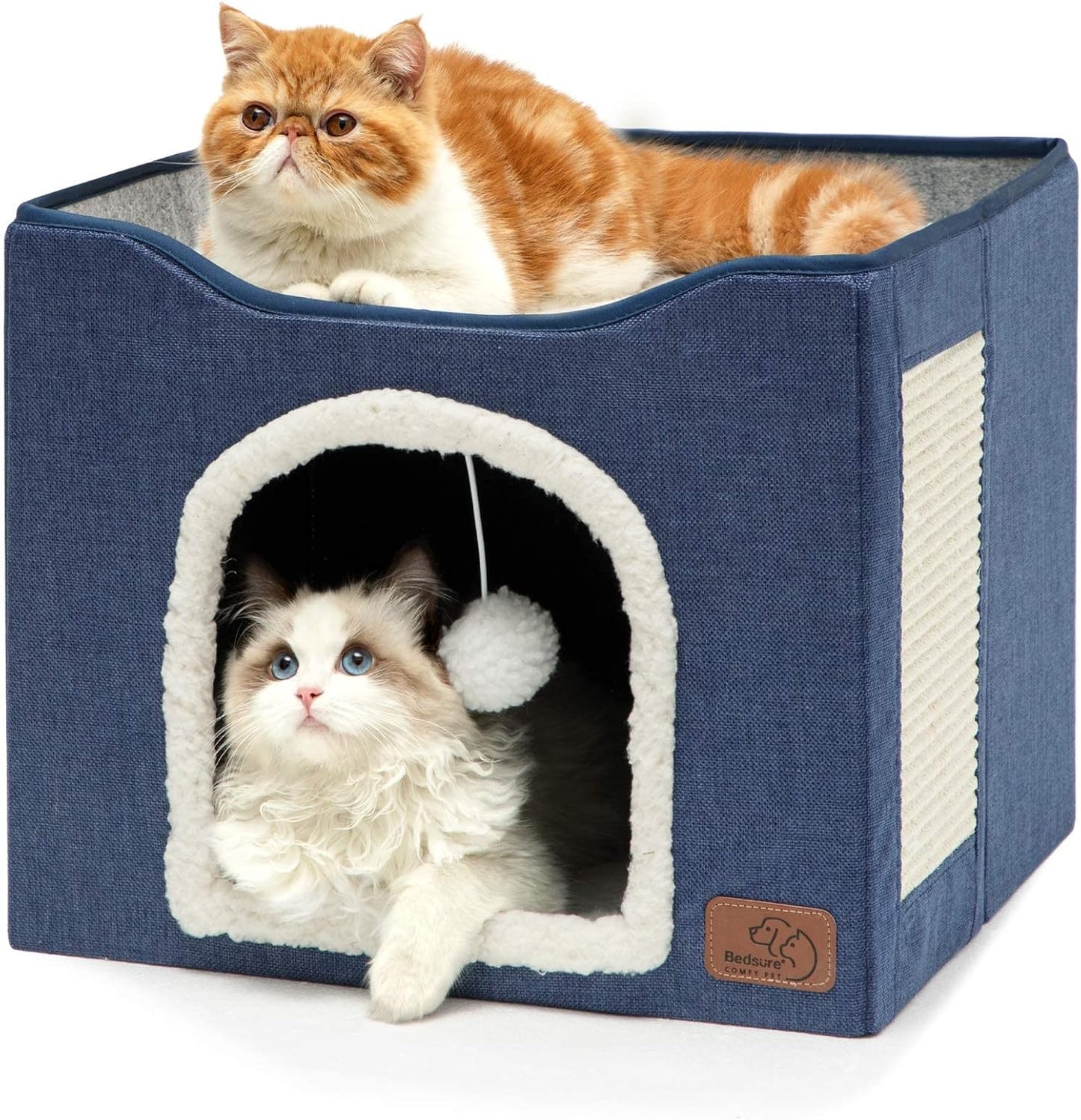 Bedsure Cat Beds for Indoor Cats - Large Cat Cave for Pet Cat House with Fluffy Ball Hanging and Scratch Pad, Foldable Cat Hideaway, 16.5x16.5x13 inches, Blue