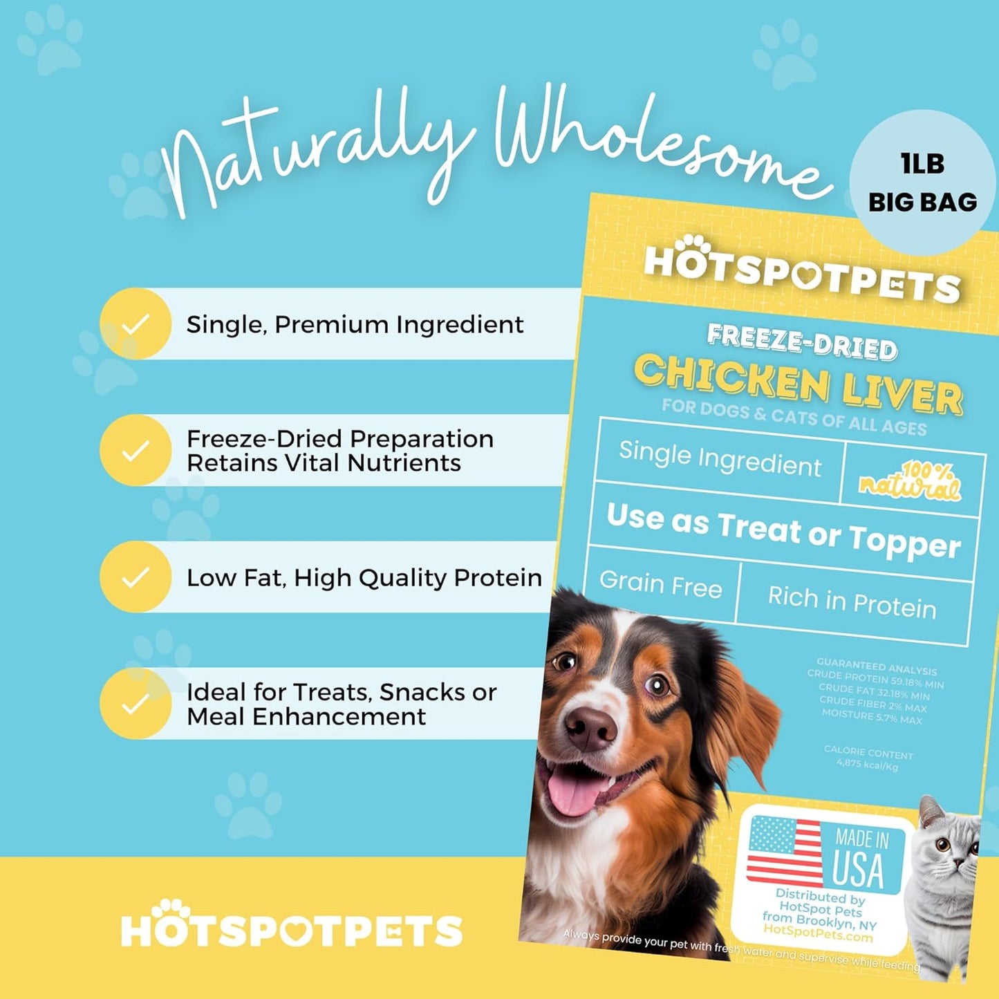 hotspot pets Freeze Dried Chicken Liver Treats for Cats & Dogs -1LB Big Bag-Made in USA- Single Ingredient All Natural, Grain-Free - Perfect for Training, Food Topper or Snack