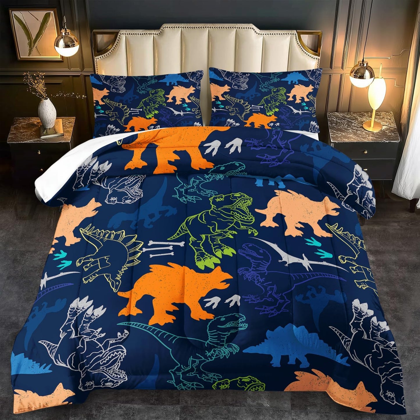 Blue Dinosaur Comforter Set Queen Boys,Cute Dinosaur Bedding Set Queen for Kids,Kawaii Dragon Comforter Blue Bedroom Decor,Cute Animal Bedding Kawaii Animal Quilt Boys