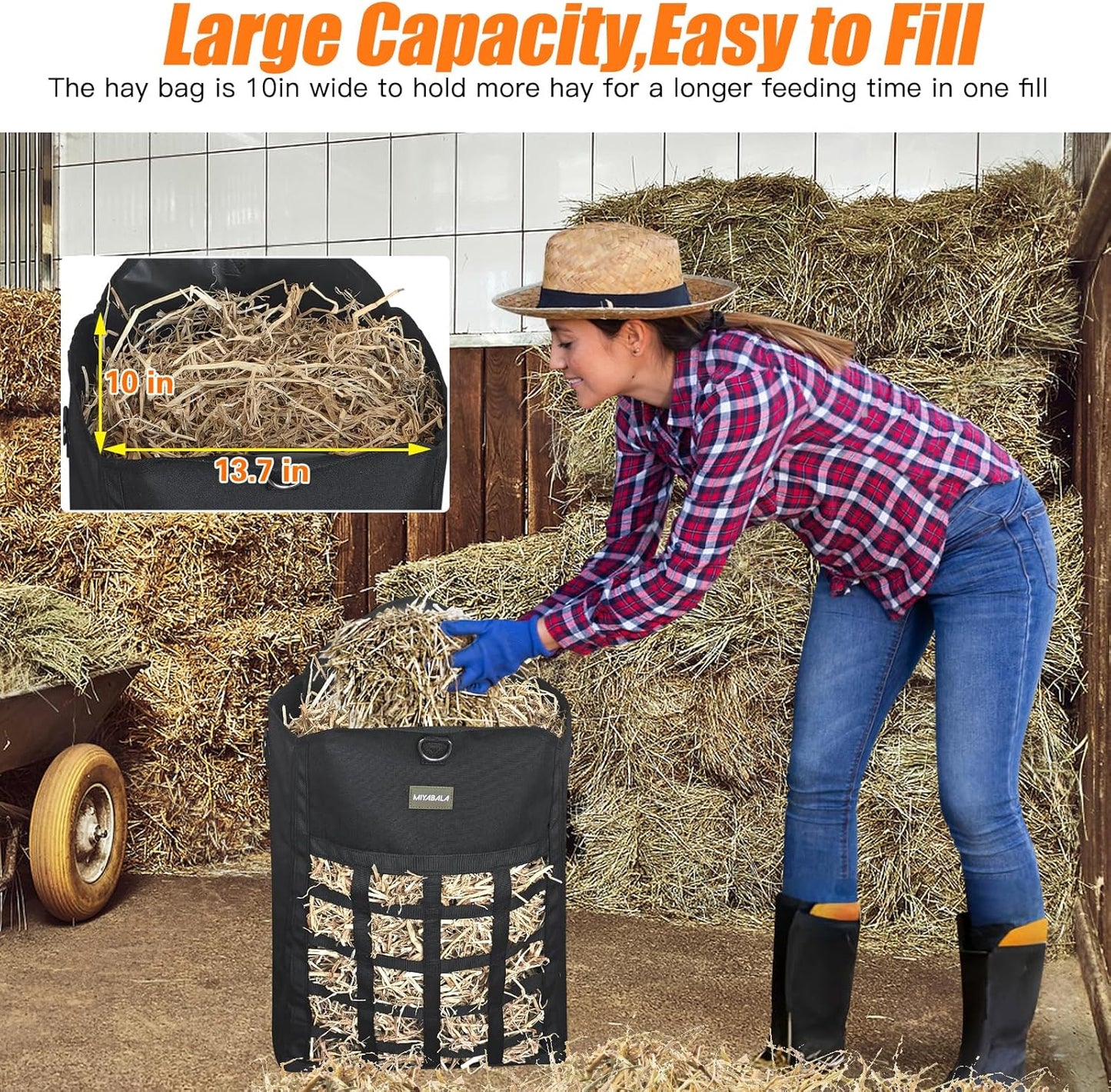 Hay Bags for Horses,Two-Sided Premium Oxford Slow Feed Hay Bags for Goats,Sheep,Donkey,Large Top Opening with Hook-and-Loop Seals,Easy to Hang with Adjustable Strap (Black, Large 2 Packs)