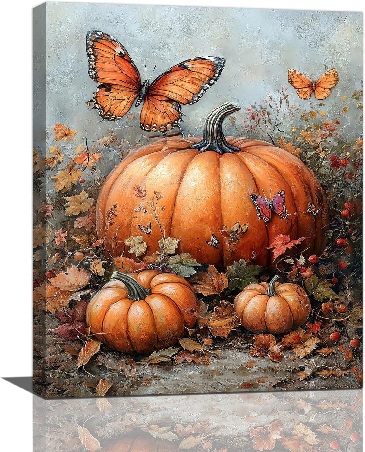 Fall Pumpkin Pictures Wall Art, Rustic Thanksgiving Bathroom Wall Decor, Farmhouse Autumn Butterfly Framed Painting Canvas Artwork for Harvest Gift Bedroom Living Room Decorations 20"L x 16"W