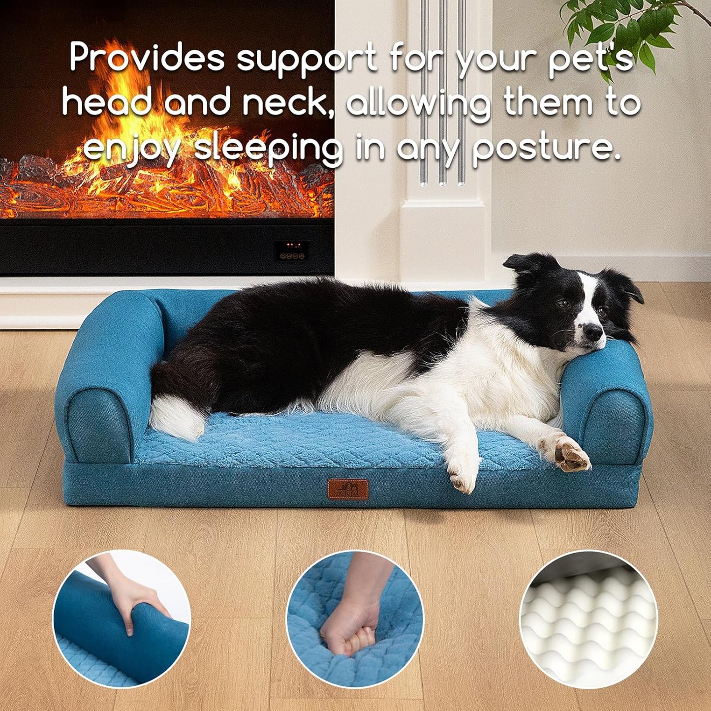 Hollypet Orthopedic Dog Bed for Large Dogs, Supportive Foam Pet Couch with Removable Washable Cover and Non-Slip Bottom, Waterproof Lining Dog Sofa Bed, Blue, L (36 * 26 * 8)