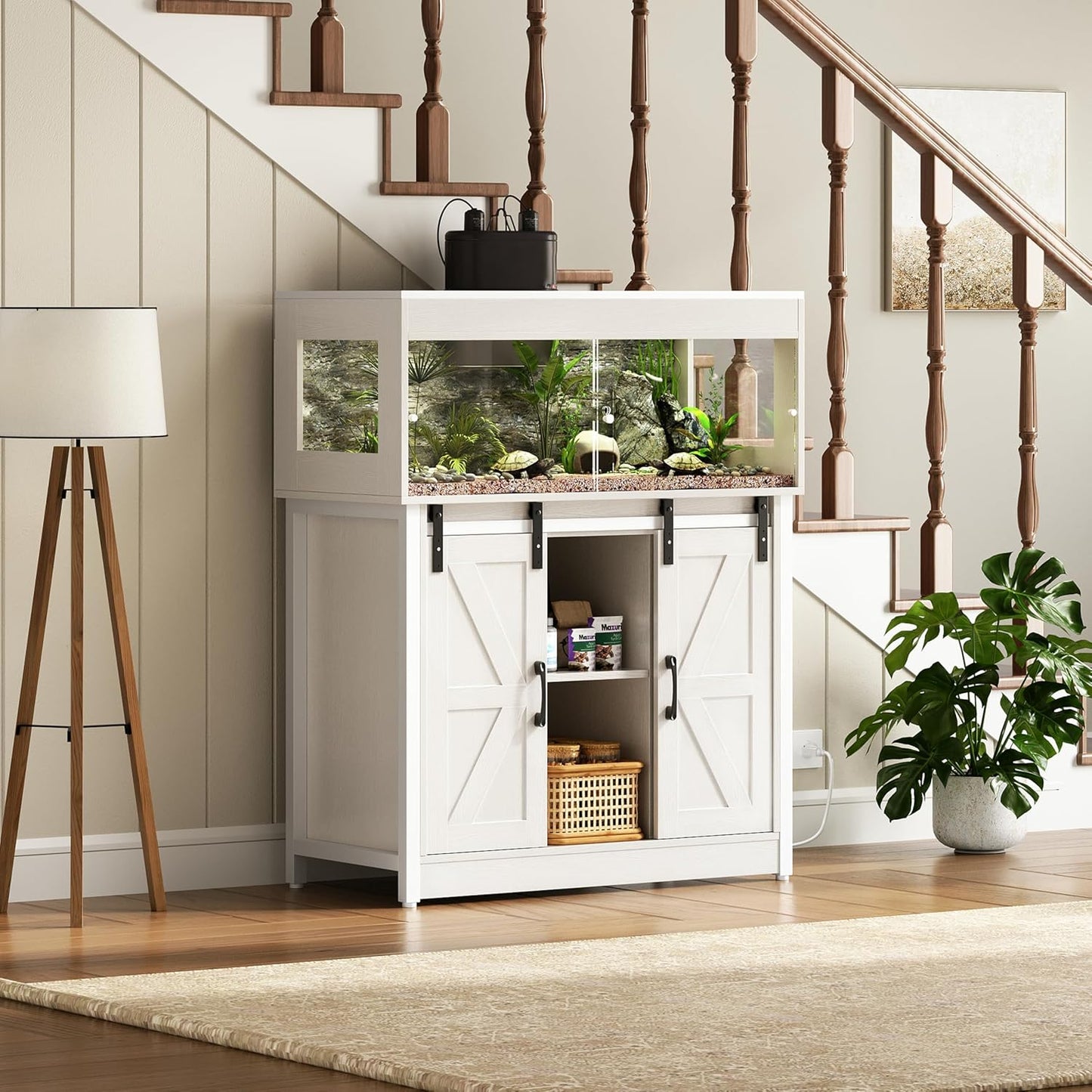 40 Gallon Reptile Terrarium with Stand, Reptile Tank with Barn Door and Storage, Vivarium with Acrylic Doors, Ventilated Mesh Top & Power Outlet, for Geckos, Lizards, Snakes White PX06RTW