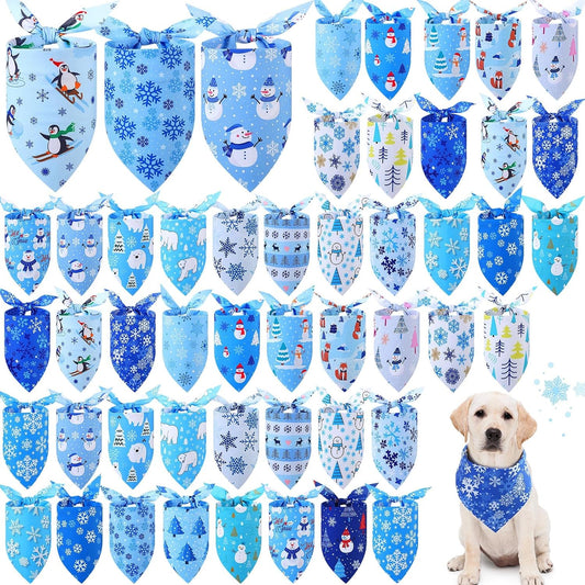 Abbylike 50 Pieces Winter Dog Bandanas Bulk Blue Snowflake Dog Bandanas for Pets Triangle Kerchief Scarf Bibs for Winter Pets Cats Party Costume Accessories (25.6 x 17.7 x 17.7)