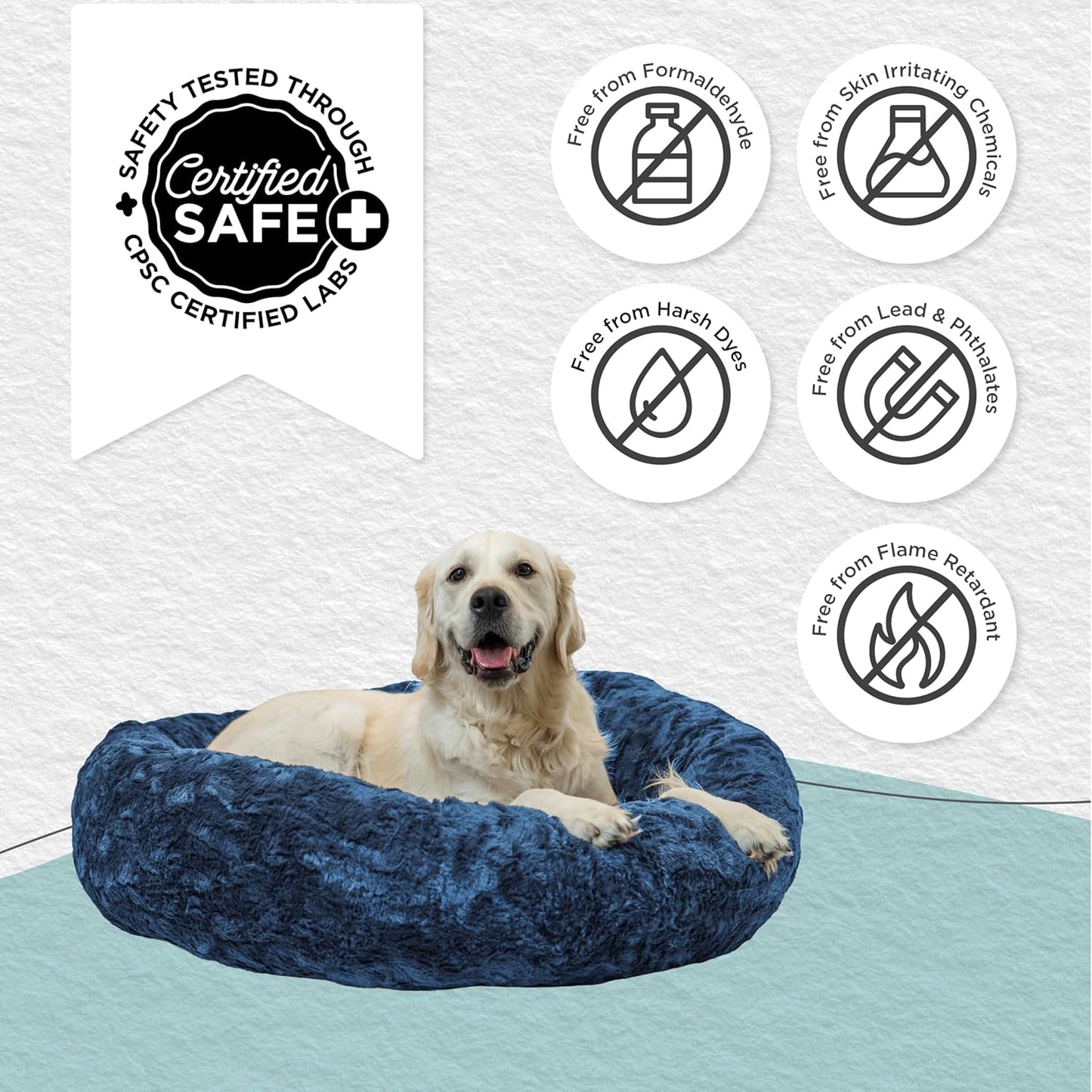 Best Friends by Sheri Original Calming Donut Dog and Cat Bed, Lux Faux Fur, Navy Blue, (36in x 36in) - Anxiety Relief for Pets Up to 100 lbs