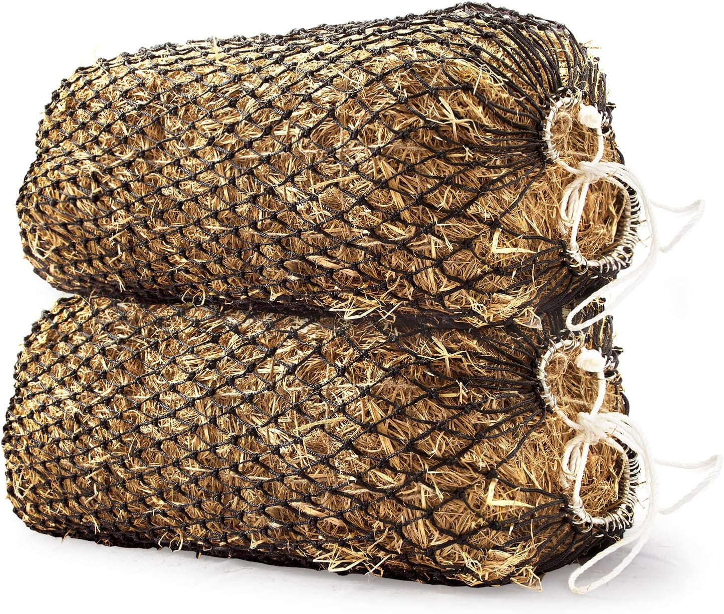 Bloomoak Slow Hay Net Feeder for Horses, Durable Soft Black PE 2/3 String Hay Bales Bags, Fit 36x18x18 to 47x25x17 Inches, Extends 50-64 Inches (2 1.6" Hole/2PC)