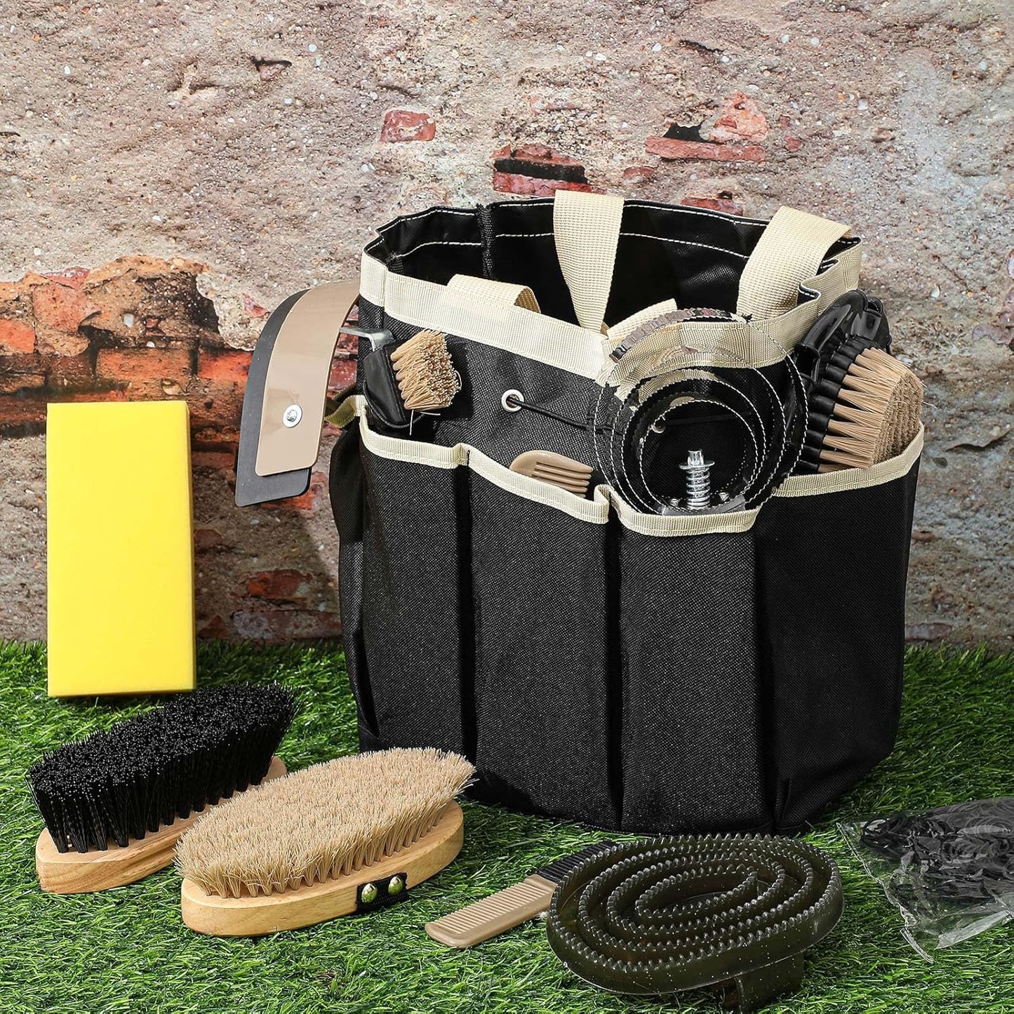 Abbylike 12 Pieces Horse Grooming Kit with Organizer Tote Bag Tack Room Supplies Horse Brush Sets Equine Care Cleaning Kit Shedding Grooming Massaging Tools(Khaki)