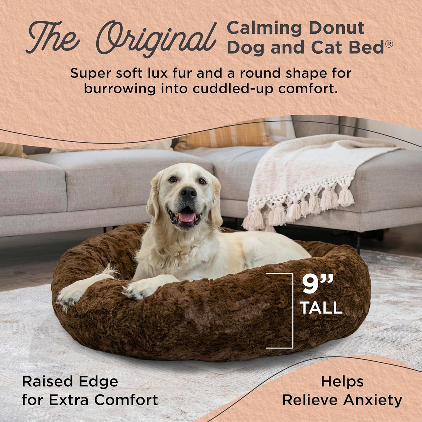 Best Friends by Sheri Original Calming Donut Dog and Cat Bed, Lux Faux Fur, Dark Brown, (36in x 36in) - Anxiety Relief for Pets Up to 100 lbs