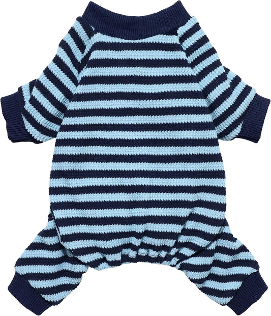Fitwarm Blue and White Striped Dog Pajamas, Waffle Dog Clothes for Small Dogs Girl Boy, Puppy Onesie with Feet, Pet Cat Outfit, Large
