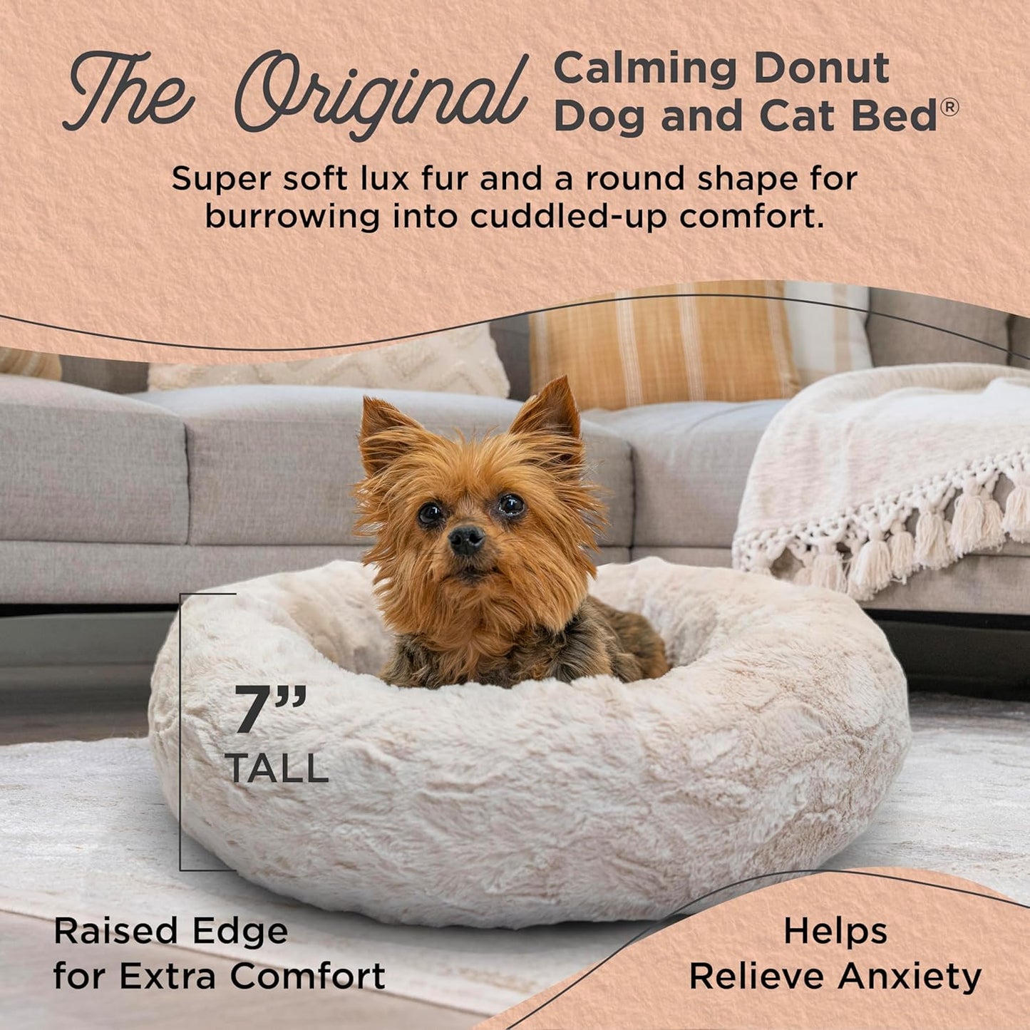 Best Friends by Sheri Original Calming Donut Dog and Cat Bed, Lux Faux Fur, Oyster, XS (18in x 18in) - Anxiety Relief for Pets Up to 10 lbs