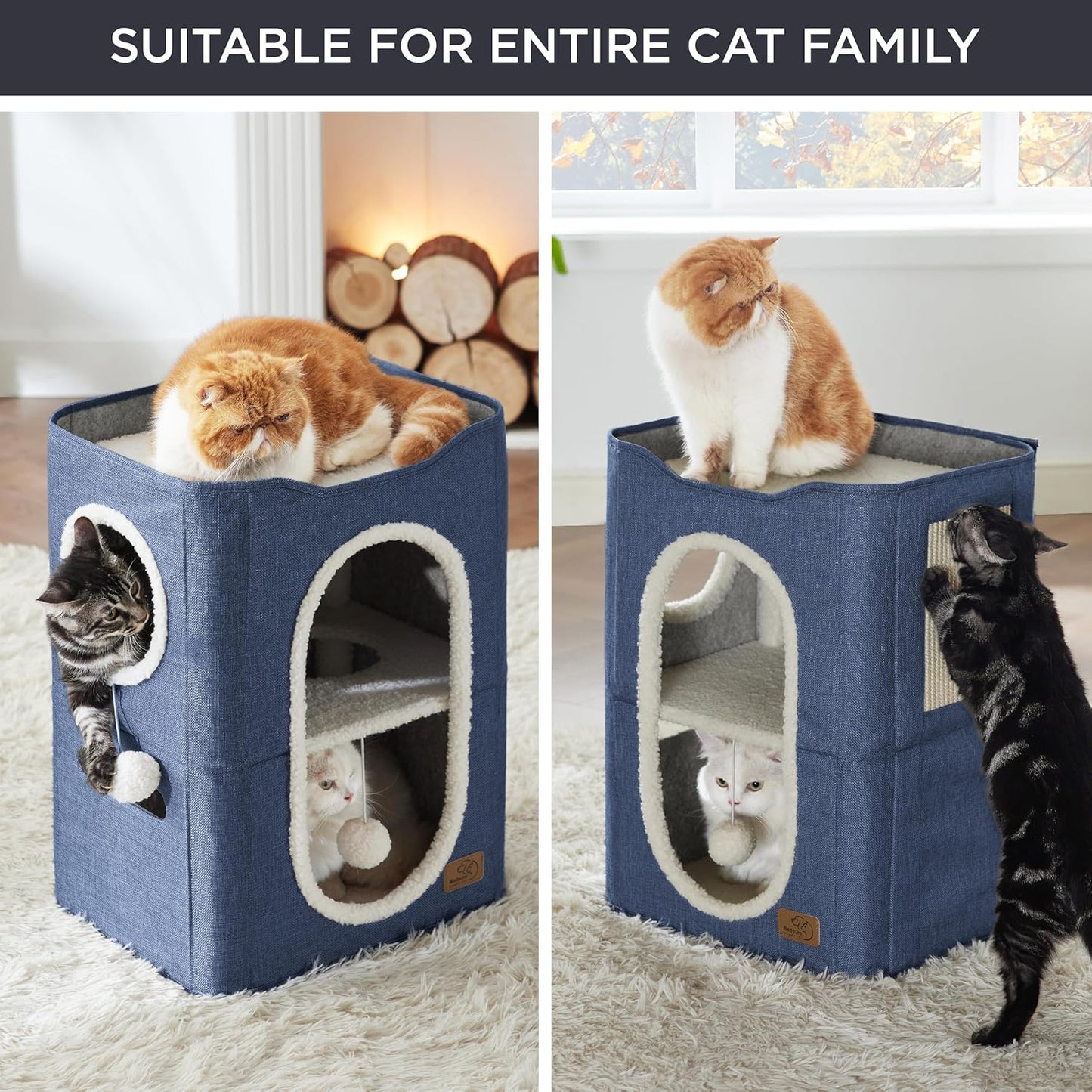 Bedsure 2 Story Cat House - Cat Condos for Indoor Cats with Scratch Pad and Fluffy Ball Hanging, Small Pet Cave Furniture Hideaway for Multi Pets, 18x14x23 inches, Blue