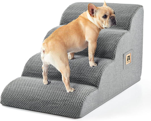 IFNOW Dog Stairs for Small Dogs, 4-Step Sturdy Dog Steps for Bed, Couch, Sofa, Waterproof Pet Stairs for Older Cats, Puppy, Removable Washable Cover, Non-Slip Curved Pet Ramp Indoor, Grey