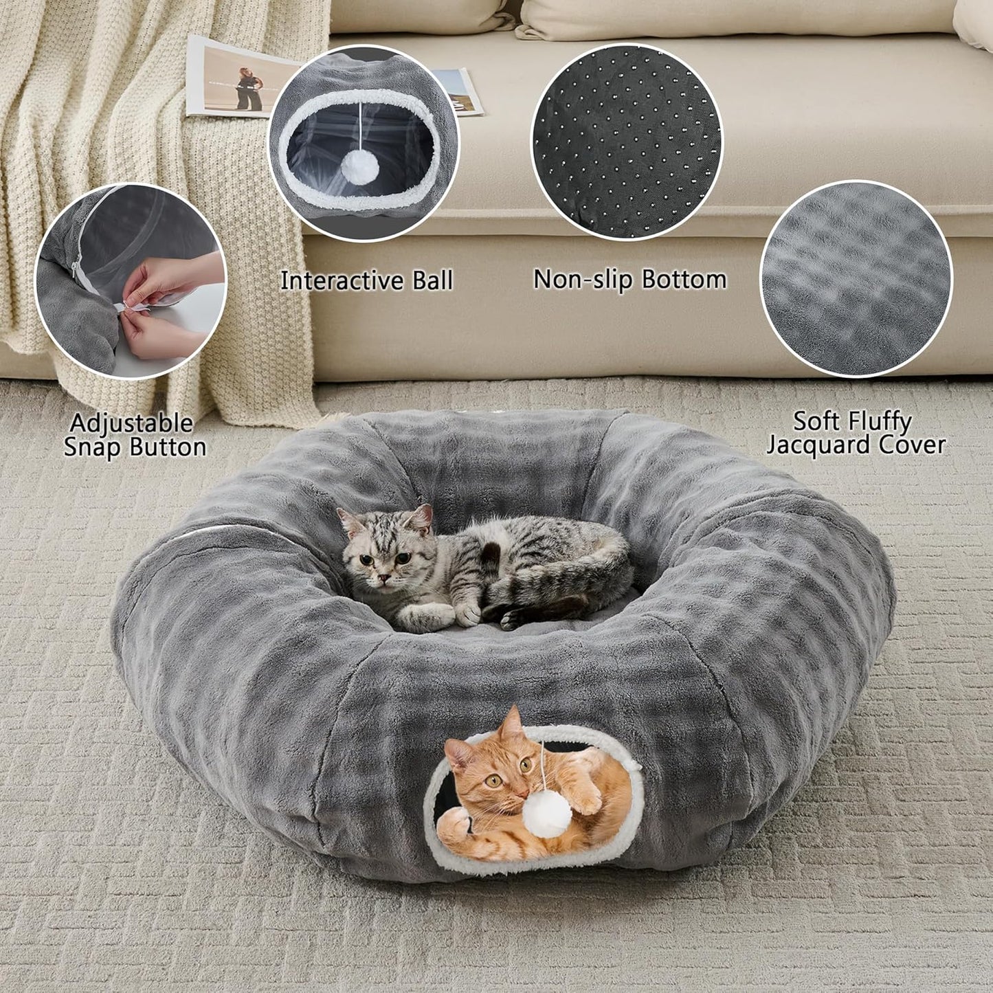 Bubble Cat Tunnel for Indoor Cats, Round Peekaboo Cave Toy with Dangling Balls, Donut Tunnel Bed with Circle Mat for Puppy Kitten Rabbit, Grey