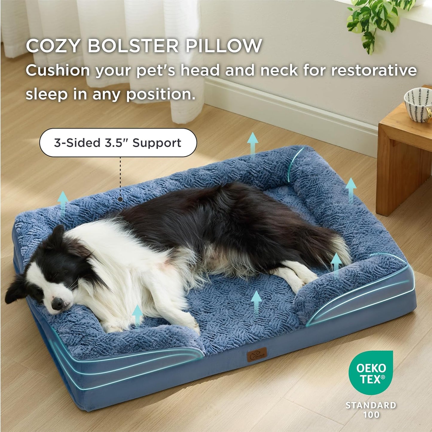 Bedsure Orthopedic Dog Beds Large Sized Dog - Washable Large Dog Cat Bed Waterproof, Comfort Dogs Couch Sofa with Washable Removable Cover, Pet Bed with Nonskid Bottom, Plush-Blue, 35"