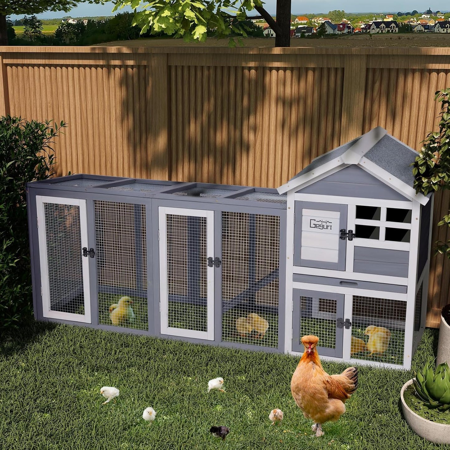 GEGURI Large Rabbit Hutch Indoor Outdoor Chicken Coop Wooden Bunny Cage with Waterproof Roof