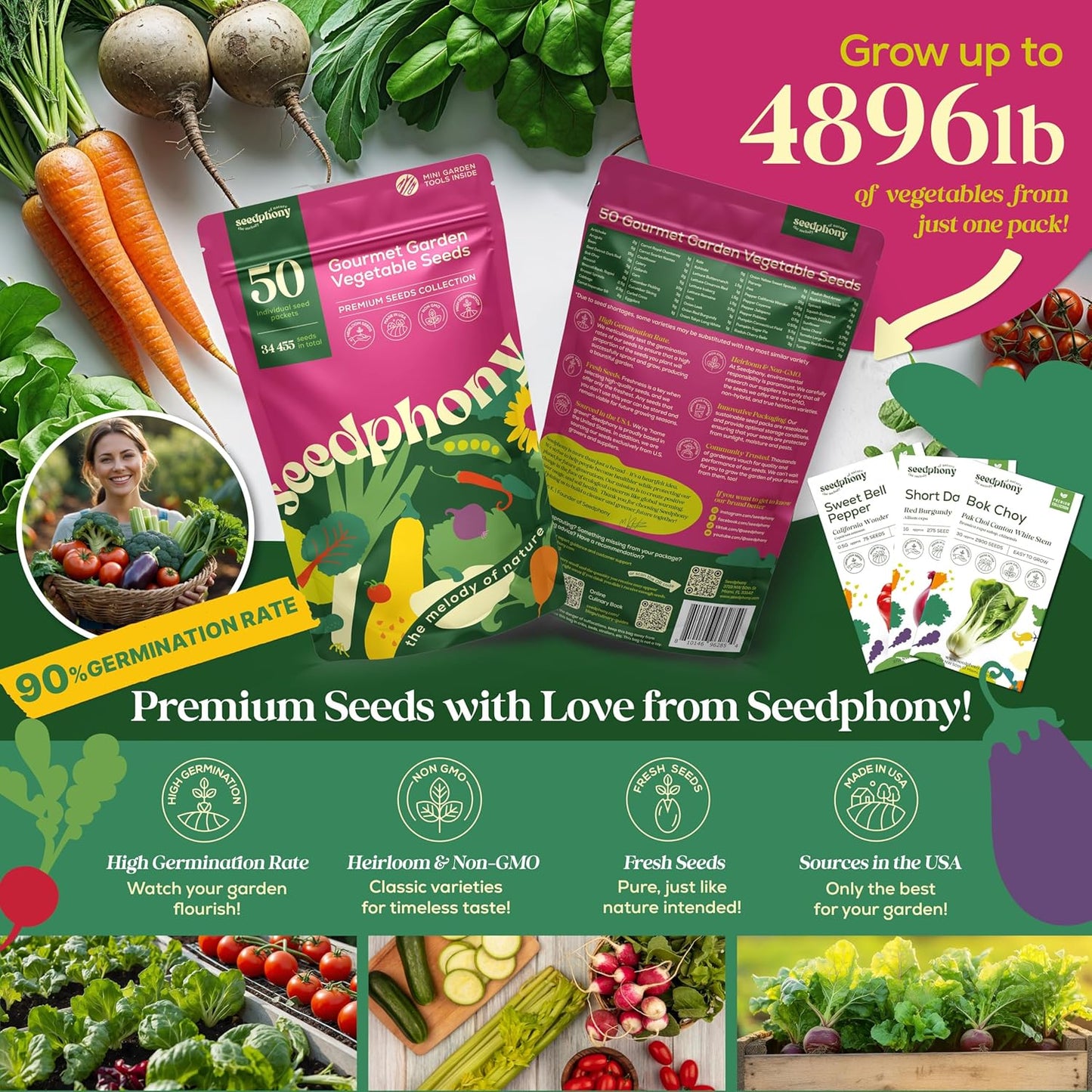 50 Gourmet Garden Vegetable Seeds Variety Pack - 34,455+ Non-GMO Heirloom Vegetables Seeds for Planting Indoor Outdoor: Broccoli, Carrot, Onion, Lettuce, Pepper - Gardening Seed Packets