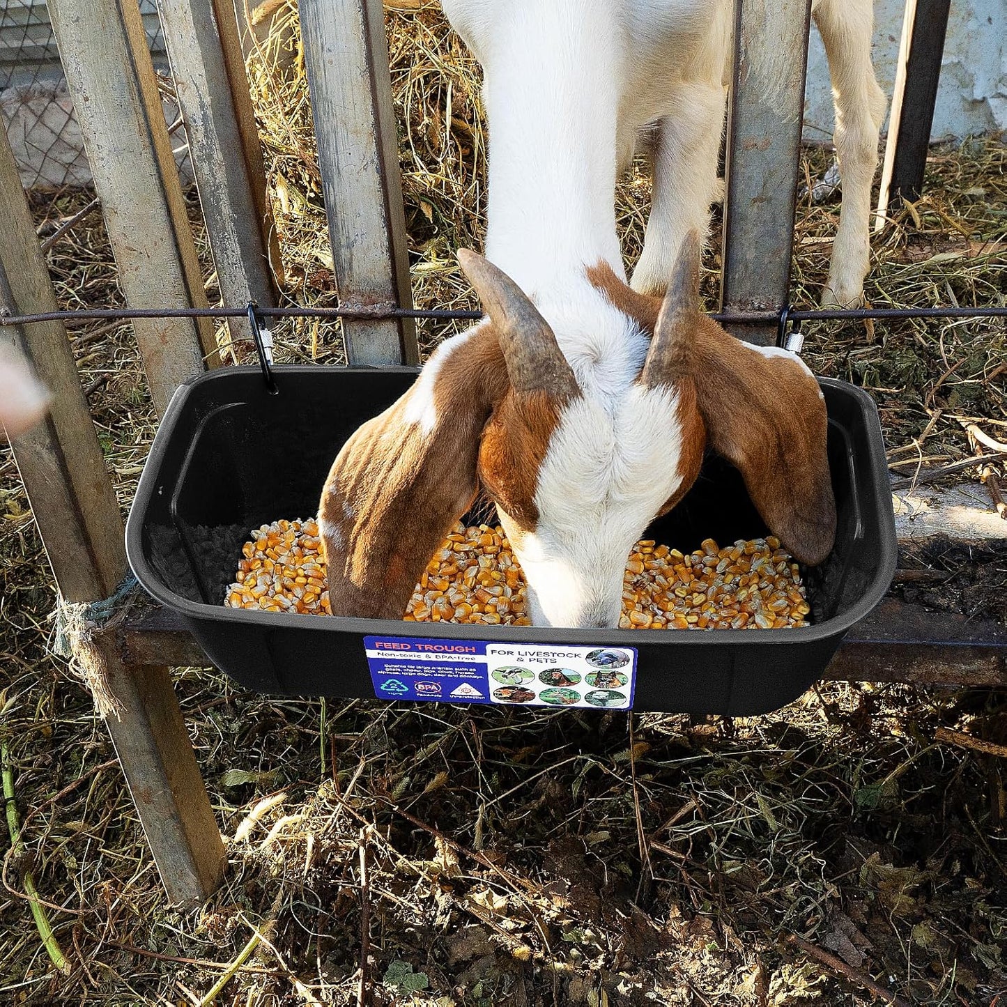 Goovilla Large Feed Trough, Hanging or Screw-in Fence Feeder with Clips, 2 Pack 9 Quart Goat Feeder Supplies, Dog Horse Hog Pig Livestock Poultry Plastic Feeder Trough Bucket for Large Animal, Black