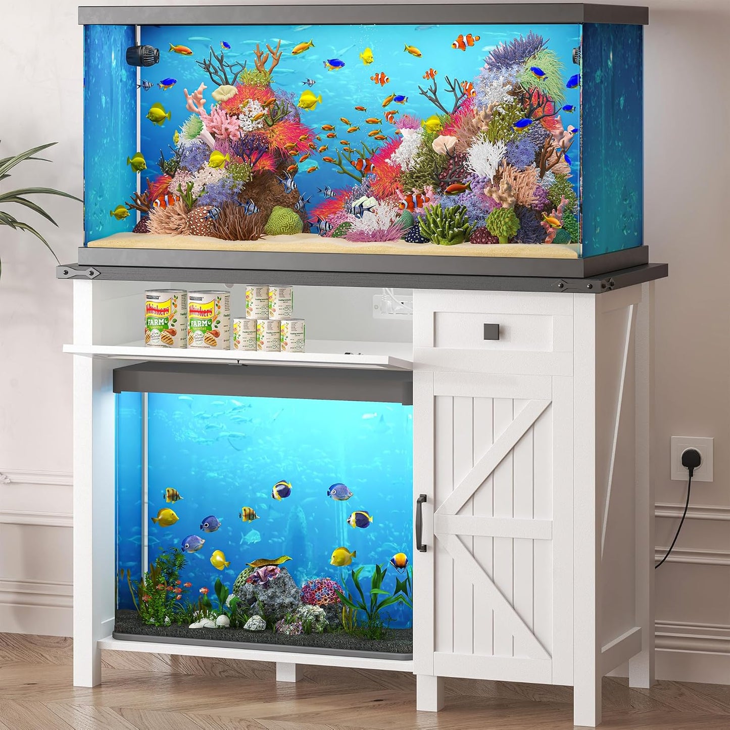 40 Gallon Aquarium Stand With Charging Station, Farmhouse Fish Tank Stand, Reptile Tank Stand Terrarium Stand with Drawer and Cabinet Storage, Sturdy Heavy Duty 41.9"×18.3" Tabletop - White