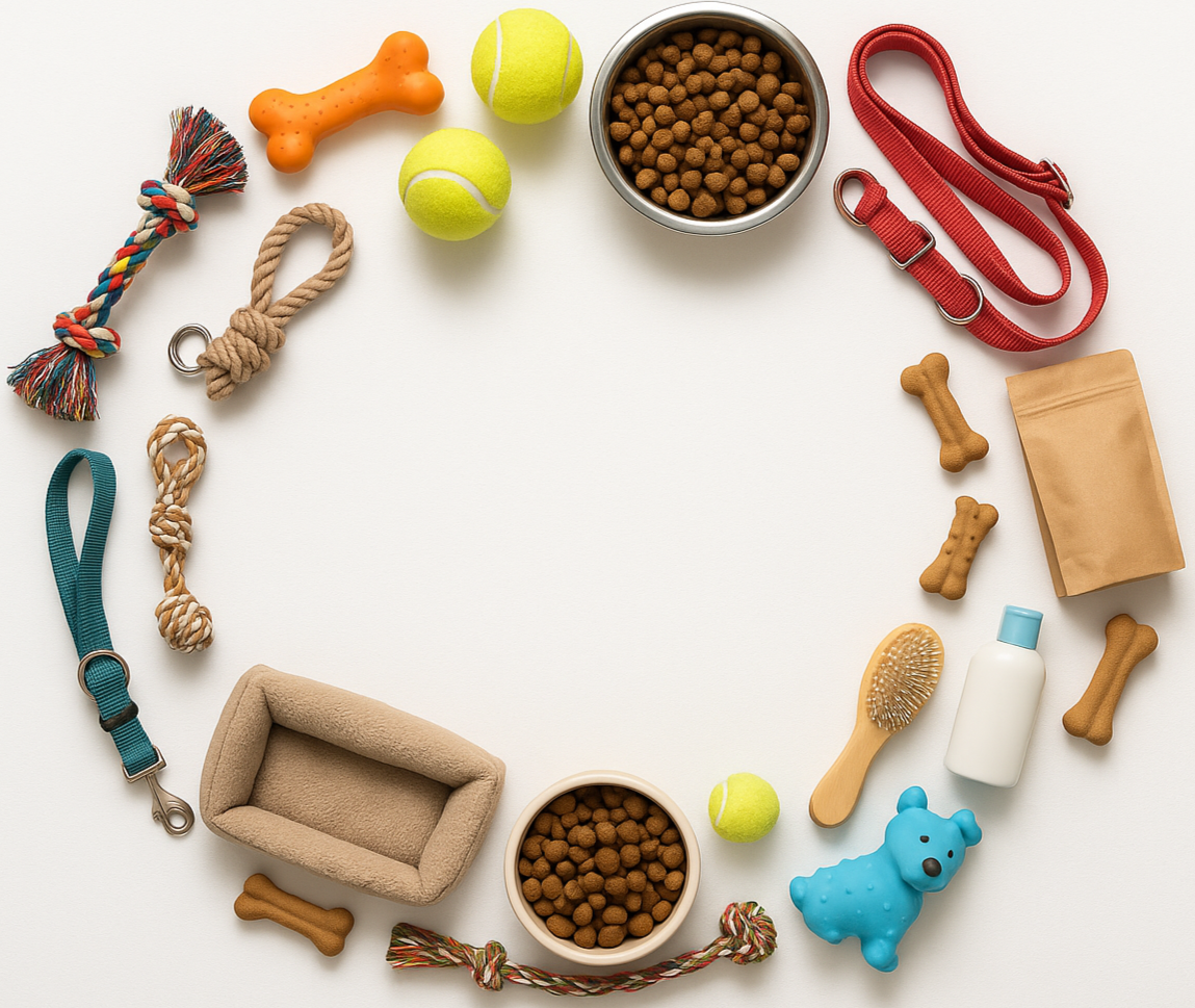 circle photo of pet dog products and make it a real photo
